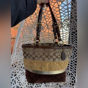 Coach Patchwork Striped Grommet Studs Suede Brown and Gold Women's Tote Bag